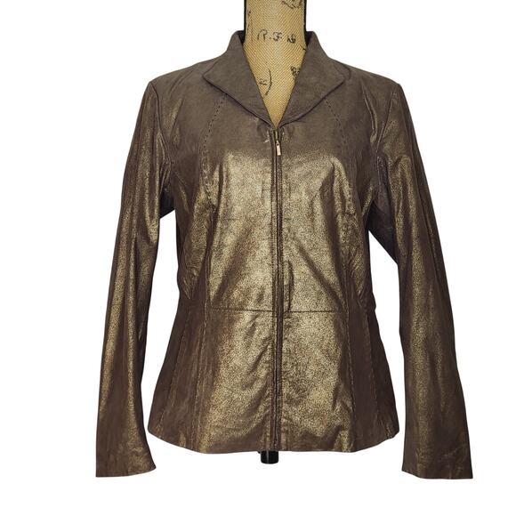Coldwater Creek Brown Gold Shimmer Suede Leather Zip Up Western Jacket Size Med - Picture 2 of 12